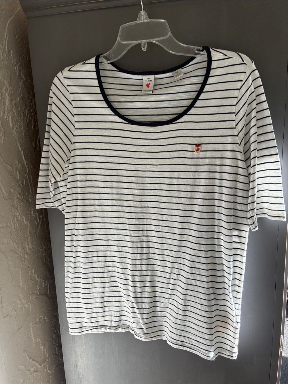 Scotch & Soda White Navy Striped Crewneck Tee with Small Red Heart Accent